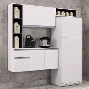 Cozinha Suspensa com Balcão Mel 163 cm Branco Preto – Poquema