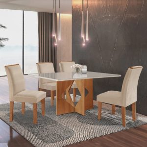 Conjunto Sala de Jantar Mesa Dakota Plus 120x80cm Tampo Vidro com 4 Cadeiras Laura Yescasa