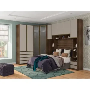 Guarda Roupa de Canto Casal com Vidro Reflecta Nogueira Dourado com Connect Prime Luciane Móveis - Kit